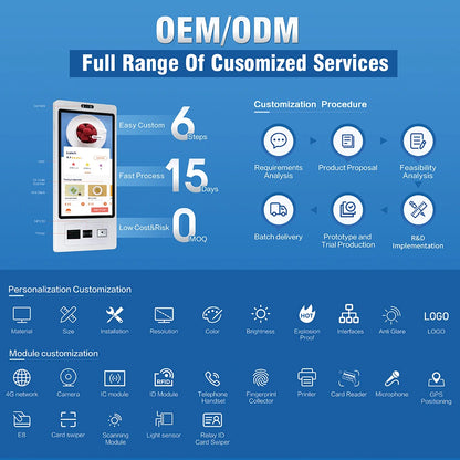 TouchWo 15.6-23.8 inch wall mount touchscreen kiosk by R.E.D. Shopping, used for self-service checkout, ordering, and payment.