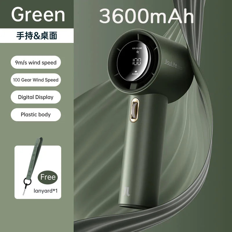 JISULIFE Mini Portable Hand Fan – 100 Wind Speeds, LED Display, 3600/5000mAh, Brushless Motor