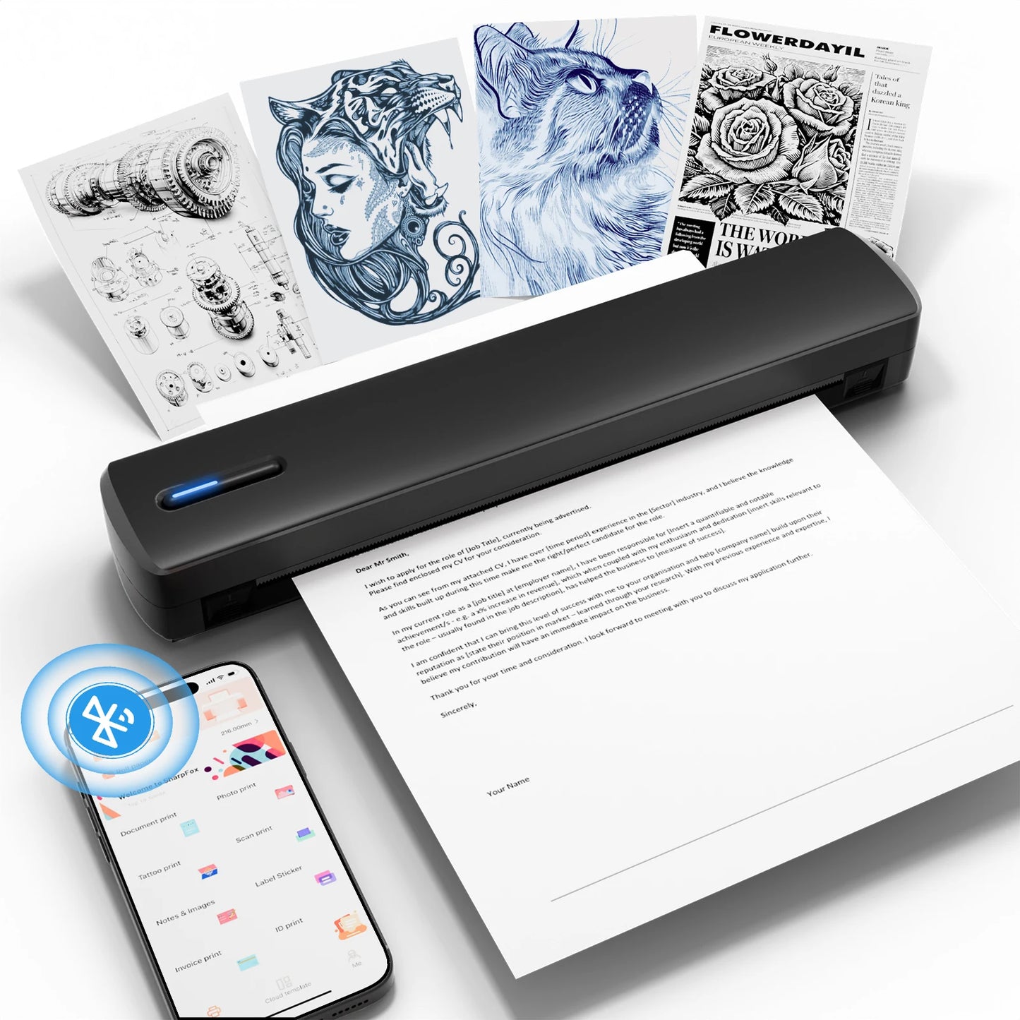 Portable A4 Wireless Inkless Thermal Printer – Bluetooth, 300DPI, 20ppm, Android & iOS