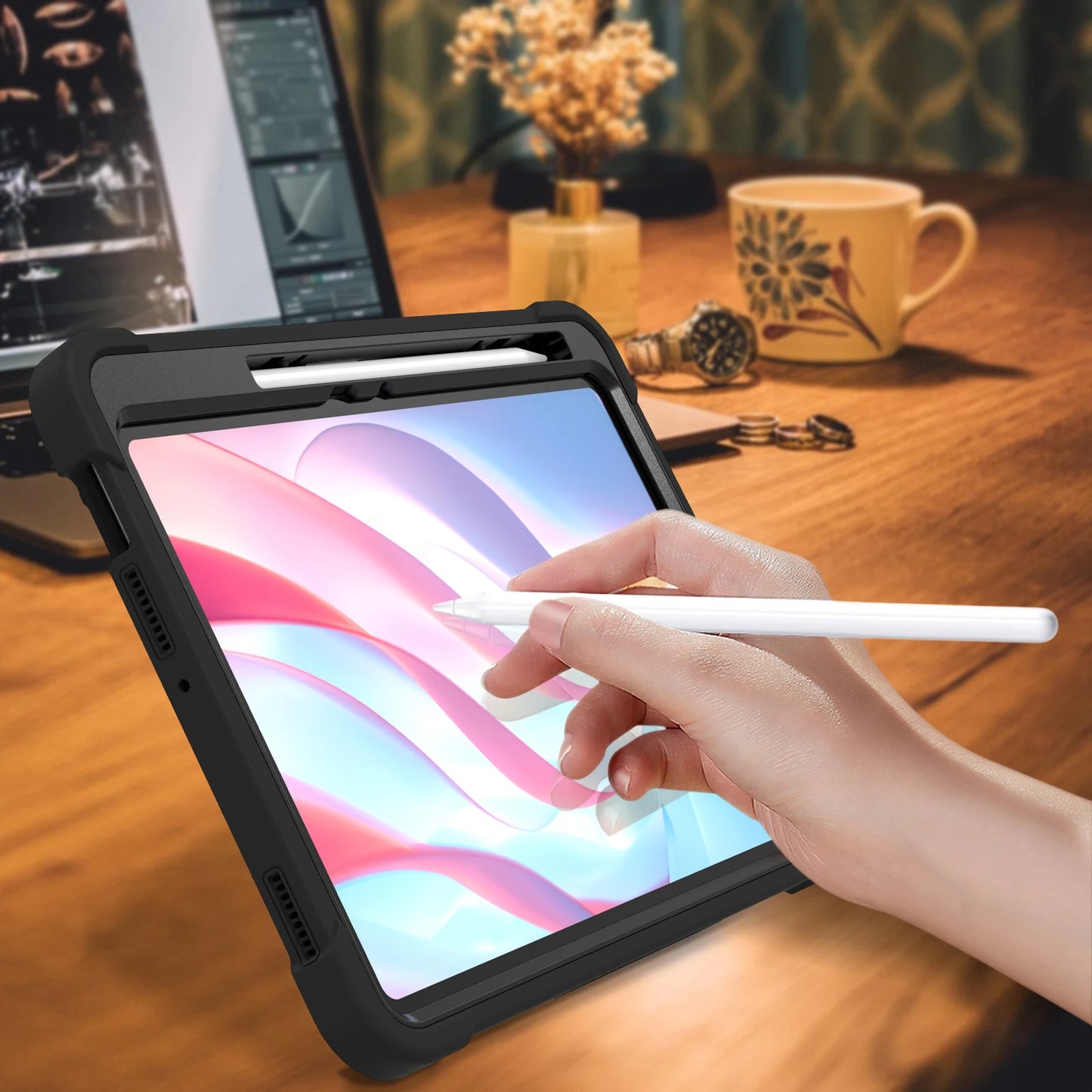 R.E.D. Shopping Xiaomi Pad 7 Pro rugged tablet case with kickstand and pen slot, full-body protective cover, black color.
