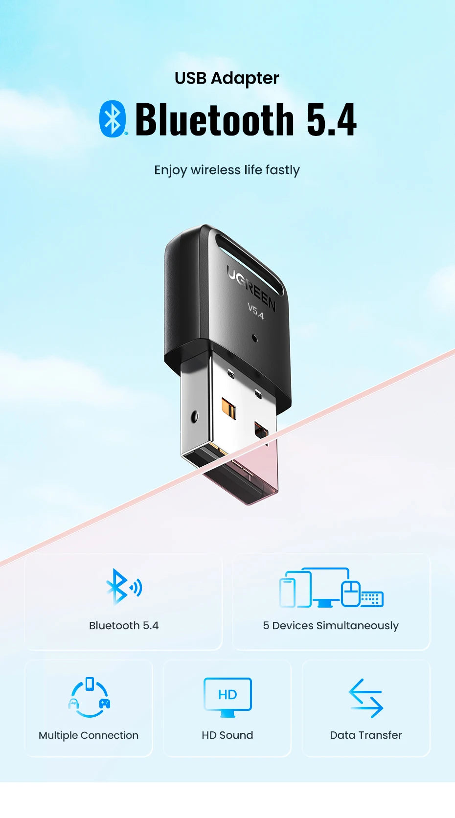 UGREEN USB Bluetooth Adapter 6.0 / 5.4 | Dongle for PC, Keyboard, Mouse, Headphones