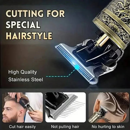 R.E.D. Shopping T9 Electric Hair Trimmer with USB, professional bald fade clipper, black and silver design, close-up view