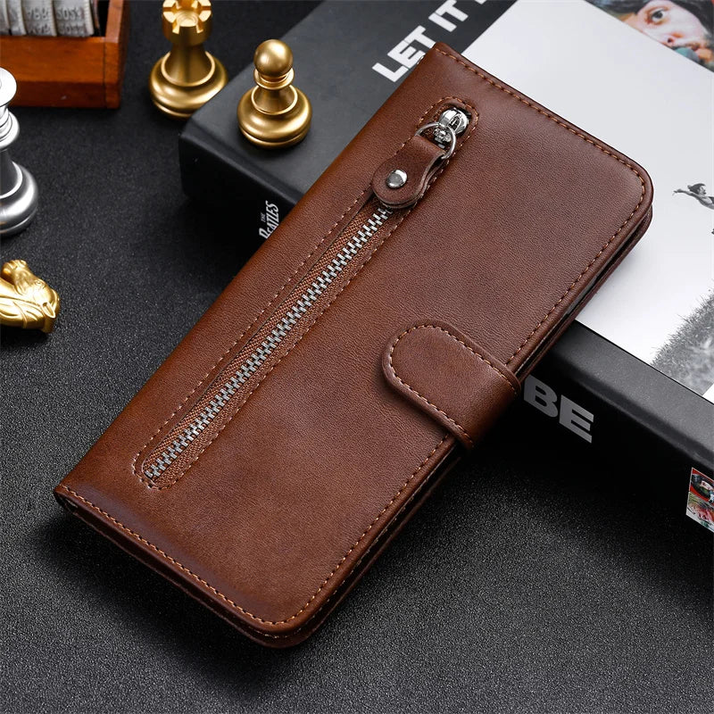 Leather iPhone 16 Plus zipper wallet case with card slots and magnetic stand, offering protection and storage for mobile phones.