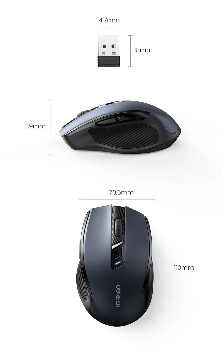UGREEN MU006 Wireless Mouse – BT5.0 & 2.4G, 4000 DPI, 6 Silent Buttons, Ergonomic for MacBook & PC