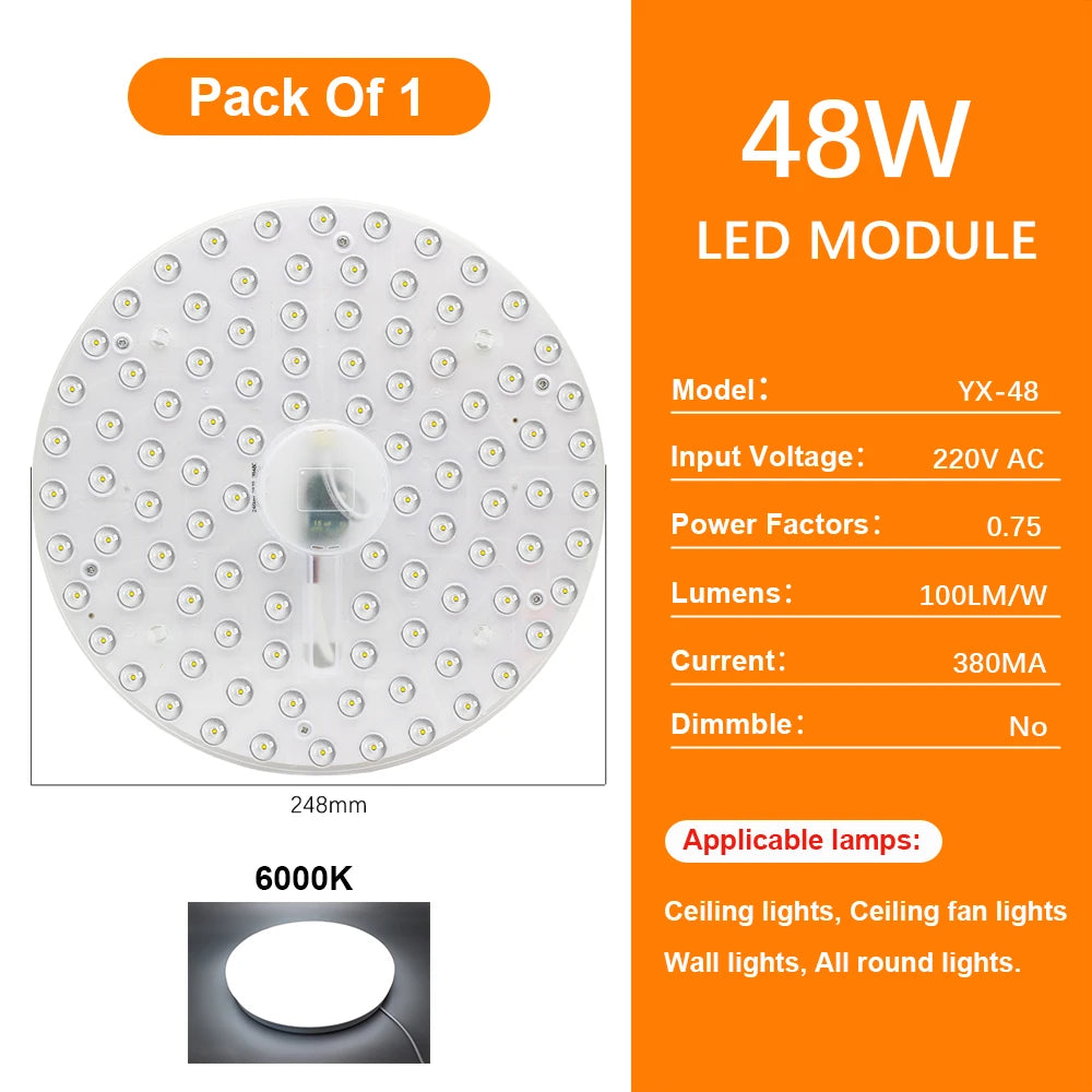 72W LED Ceiling Light Replacement Module – Dimmable, 220V, Round Panel