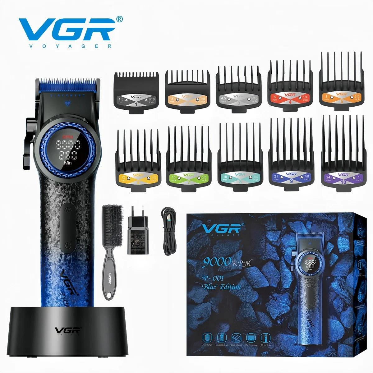 VGR V-001 Professional Hair Clipper – 9000RPM, 21-Speed, DLC Blades, 300min, USB