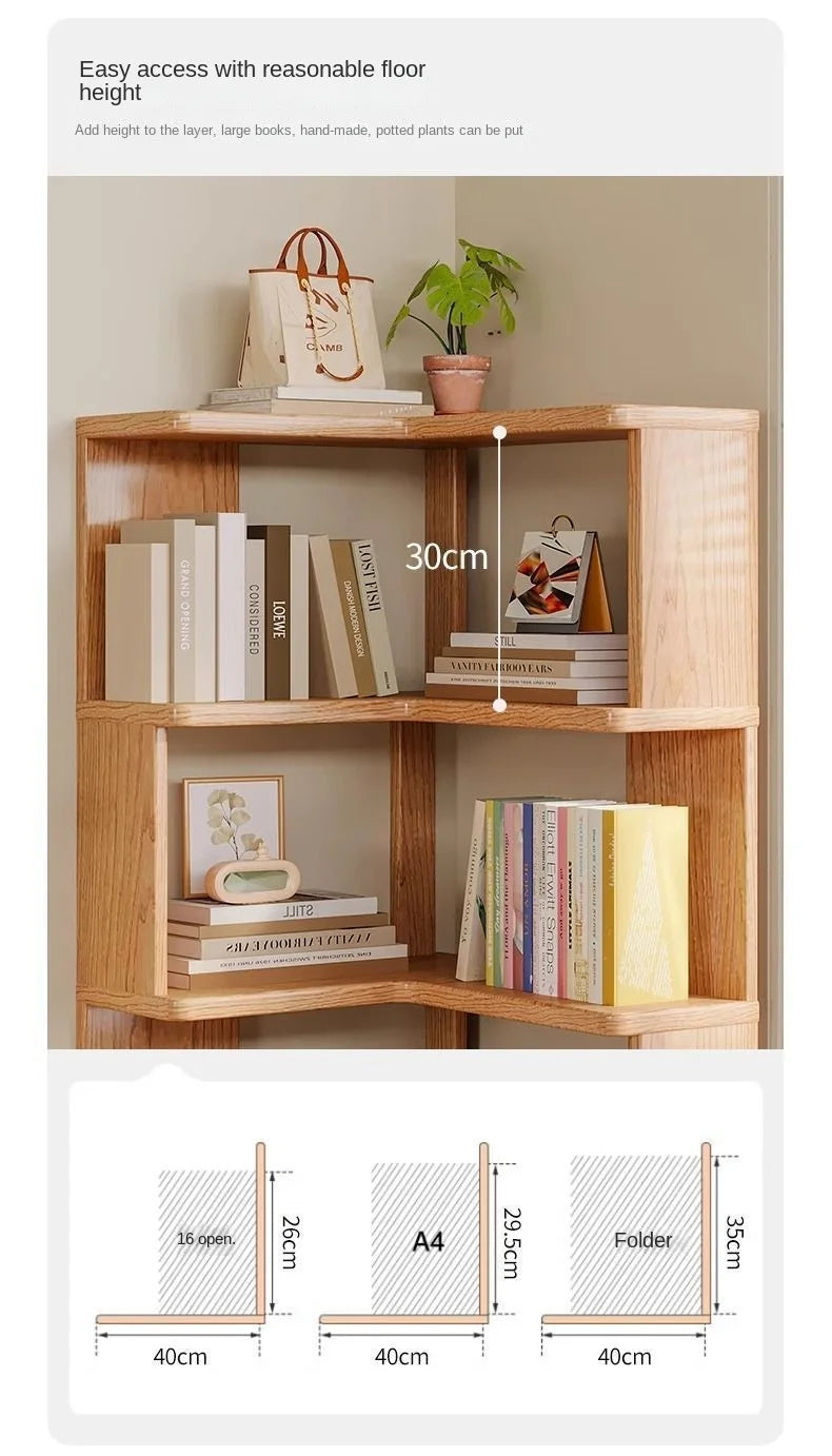 Solid wood corner bookshelf rack by R.E.D. Shopping, multi-layer storage unit for home and living room corner organization.
