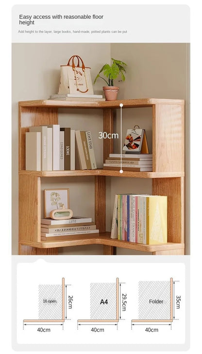 Solid wood corner bookshelf rack by R.E.D. Shopping, multi-layer storage unit for home and living room corner organization.