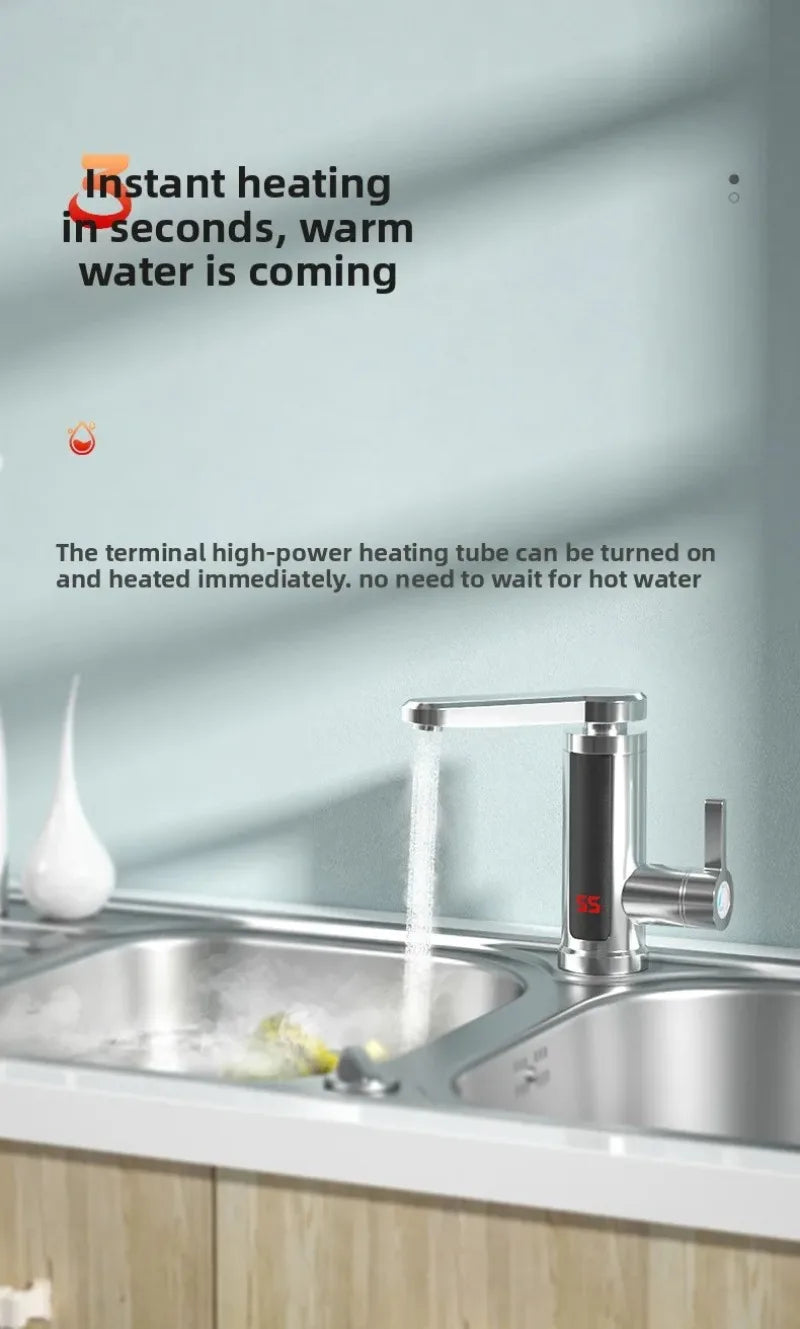 Tankless electric water heater for kitchen faucet by R.E.D. Shopping, 220V instant hot water tap with digital display, compact design.