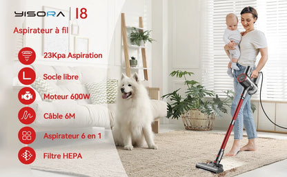 YISORA 600W Corded Stick Vacuum Cleaner – 23kPa, 6-in-1 Free-Stand for Hard Floor & Carpet