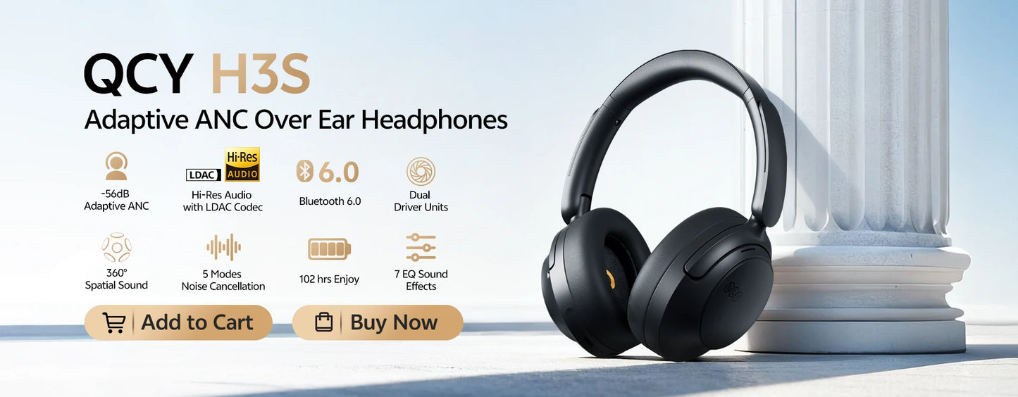 QCY H3S ANC Over-Ear Headphones – -56dB, LDAC, Dual Driver, Bluetooth 6.0, 102Hrs