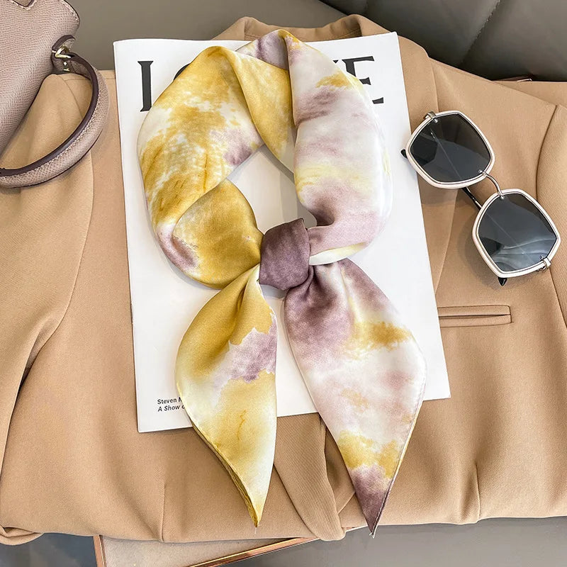 Elegant square silk scarf from R.E.D. Shopping, styled as a women's hairband and neck shawl with vibrant patterns.