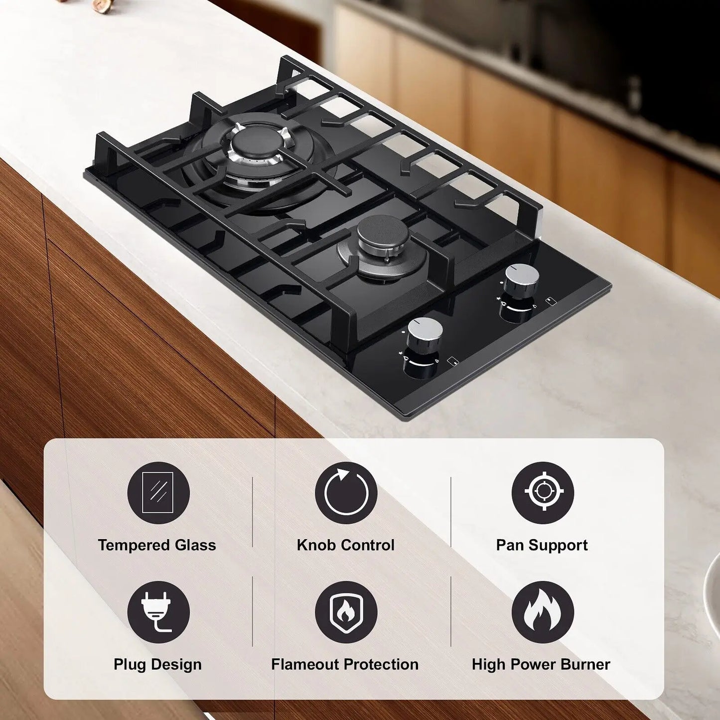 TopStrong 2-Burner Built-In Gas Hob 30cm – Tempered Glass, NG/LPG Dual Fuel (UKGCT-B02)