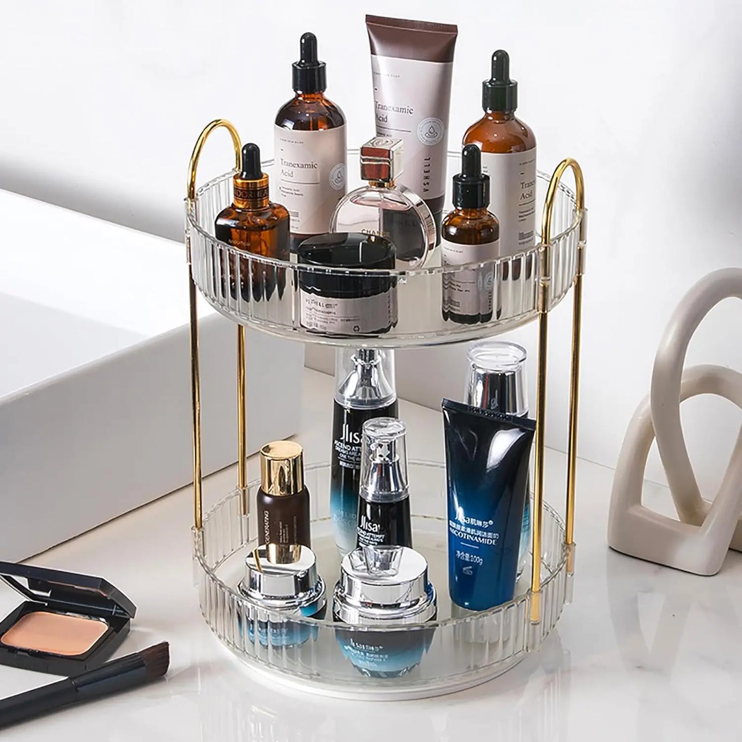 360° Rotating Makeup Organizer | 2-Layer Vanity Skincare & Cosmetic Storage