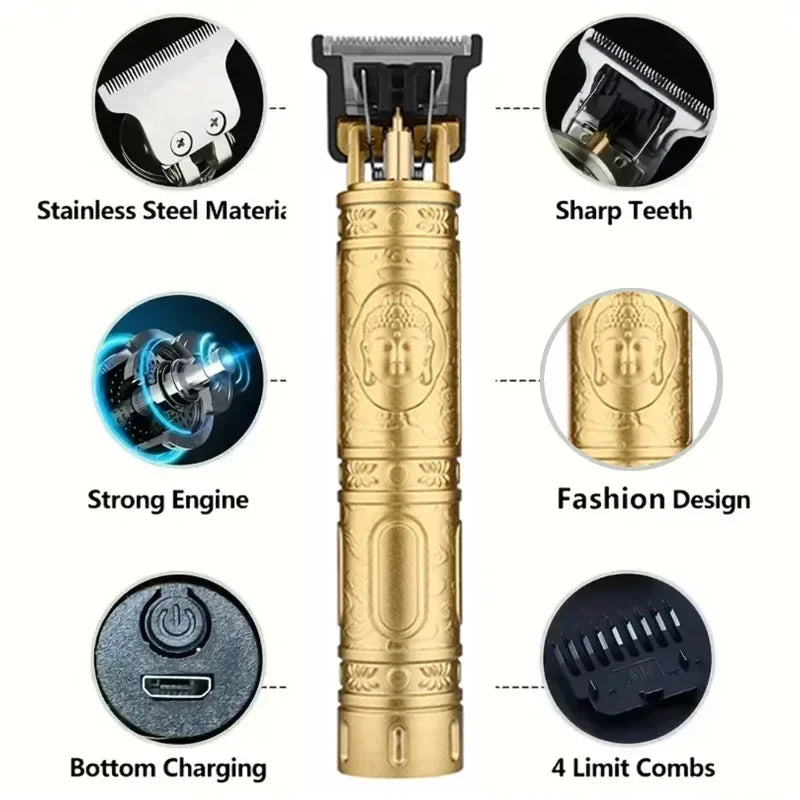 R.E.D. Shopping T9 professional hair clipper with USB fast charging for beard and body trimming, black and silver design.
