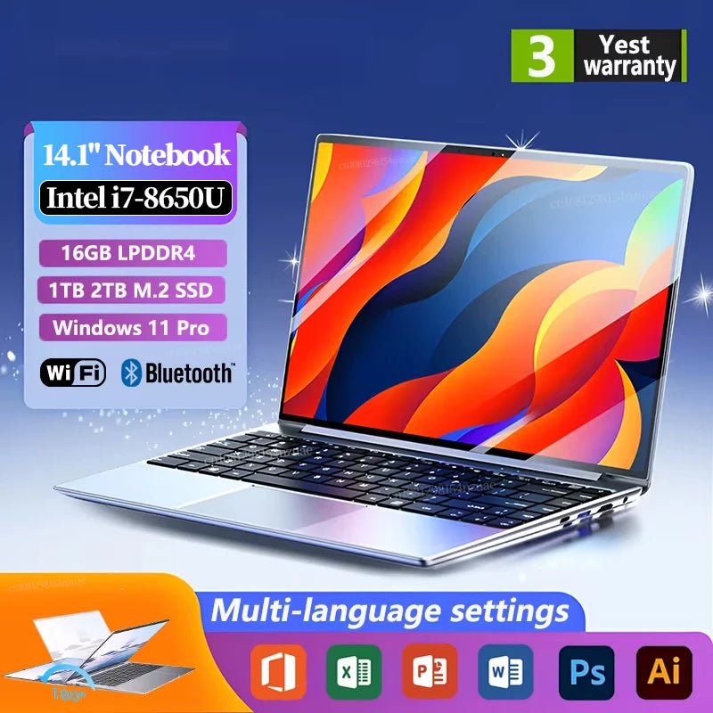 14.1" Portable Laptop Windows 11 — Intel Core i7 8650U, 32GB RAM, 2TB, 1080P Gaming Notebook