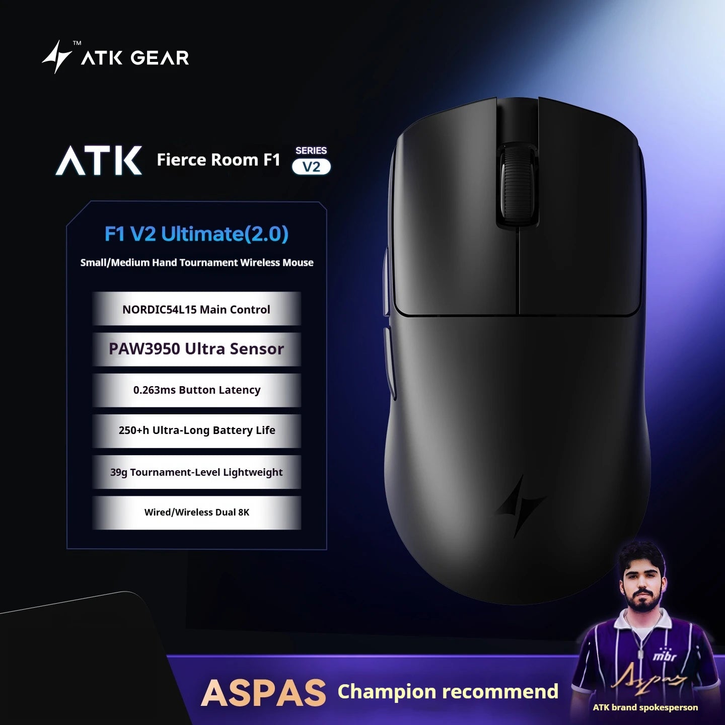 ATK F1 V2 Wireless Gaming Mouse – PAW3950, 38g Ultra-Light, 750IPS, 0.243ms Latency for FPS