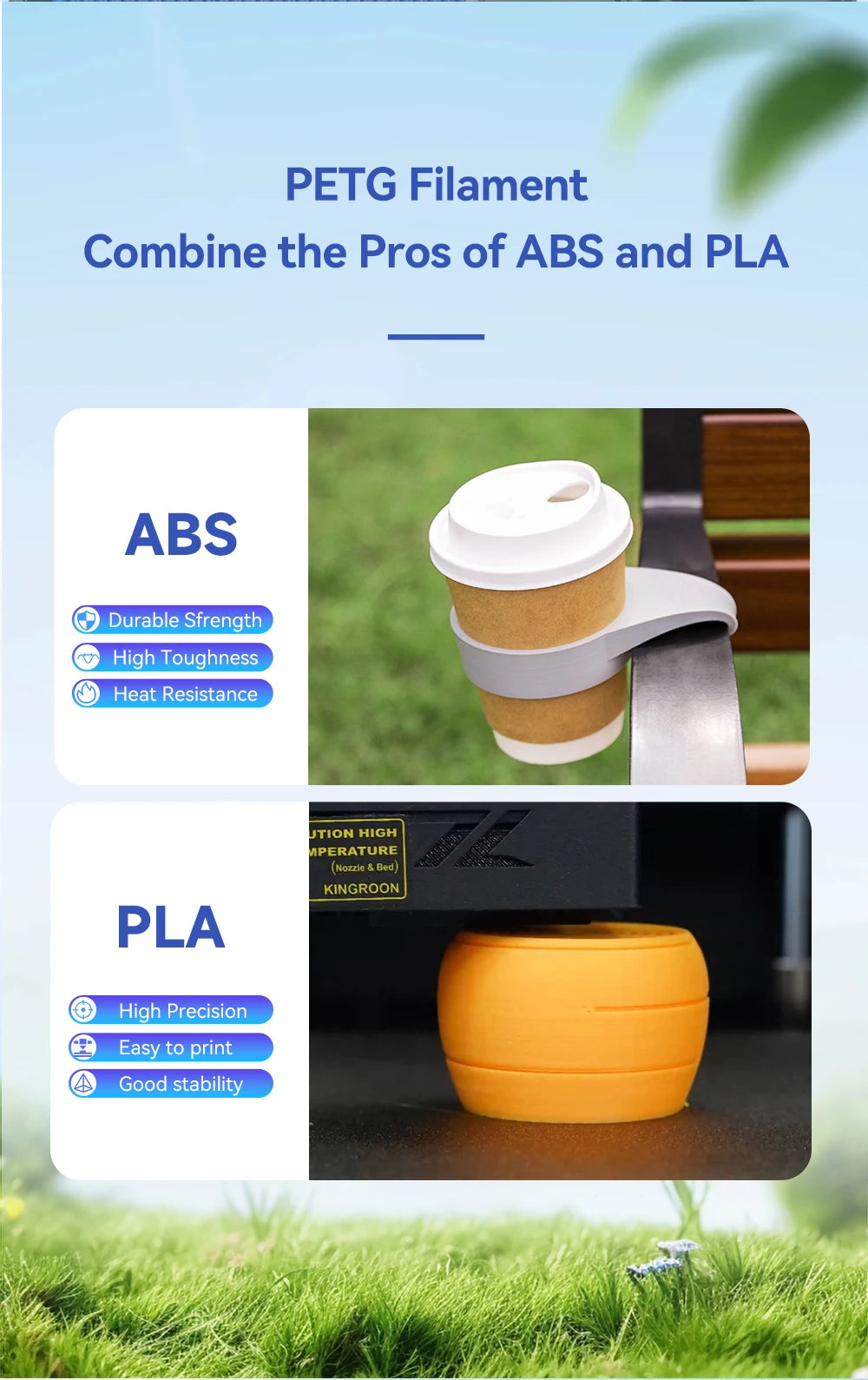 KINGROON 3D Printer Filament – 10 Rolls 1.75mm PLA / PETG, 1KG Each, Mix Colors, Eco-Friendly