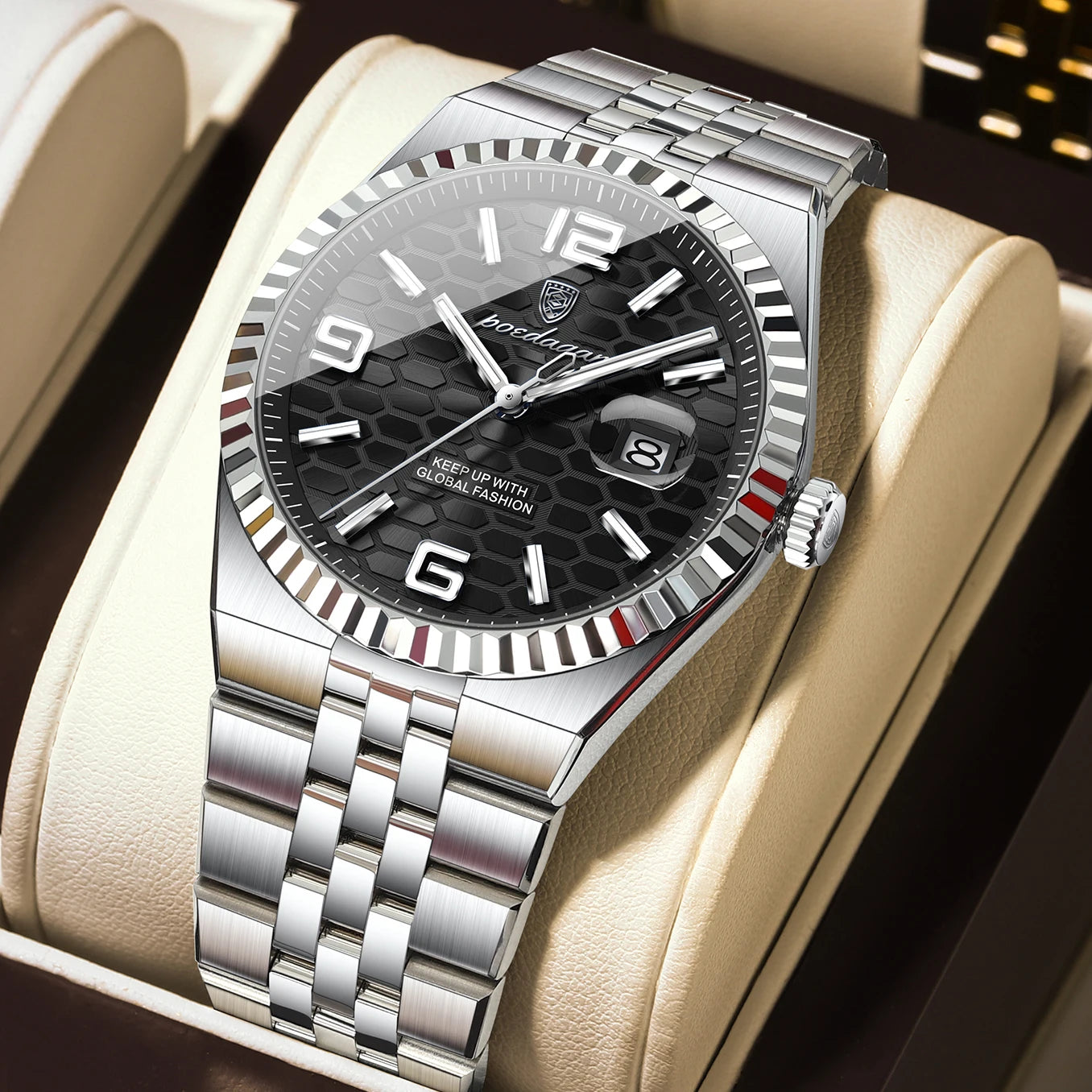POEDAGAR Men's Luxury Watch – Stainless Steel, Waterproof, Luminous, Date Display, With Box