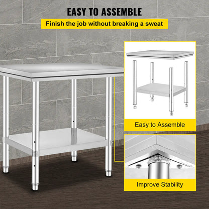 SucceBuy Stainless Steel Kitchen Work Bench – Commercial Catering Worktable with Undershelf | 286–330 LBS | Restaurant & Garage