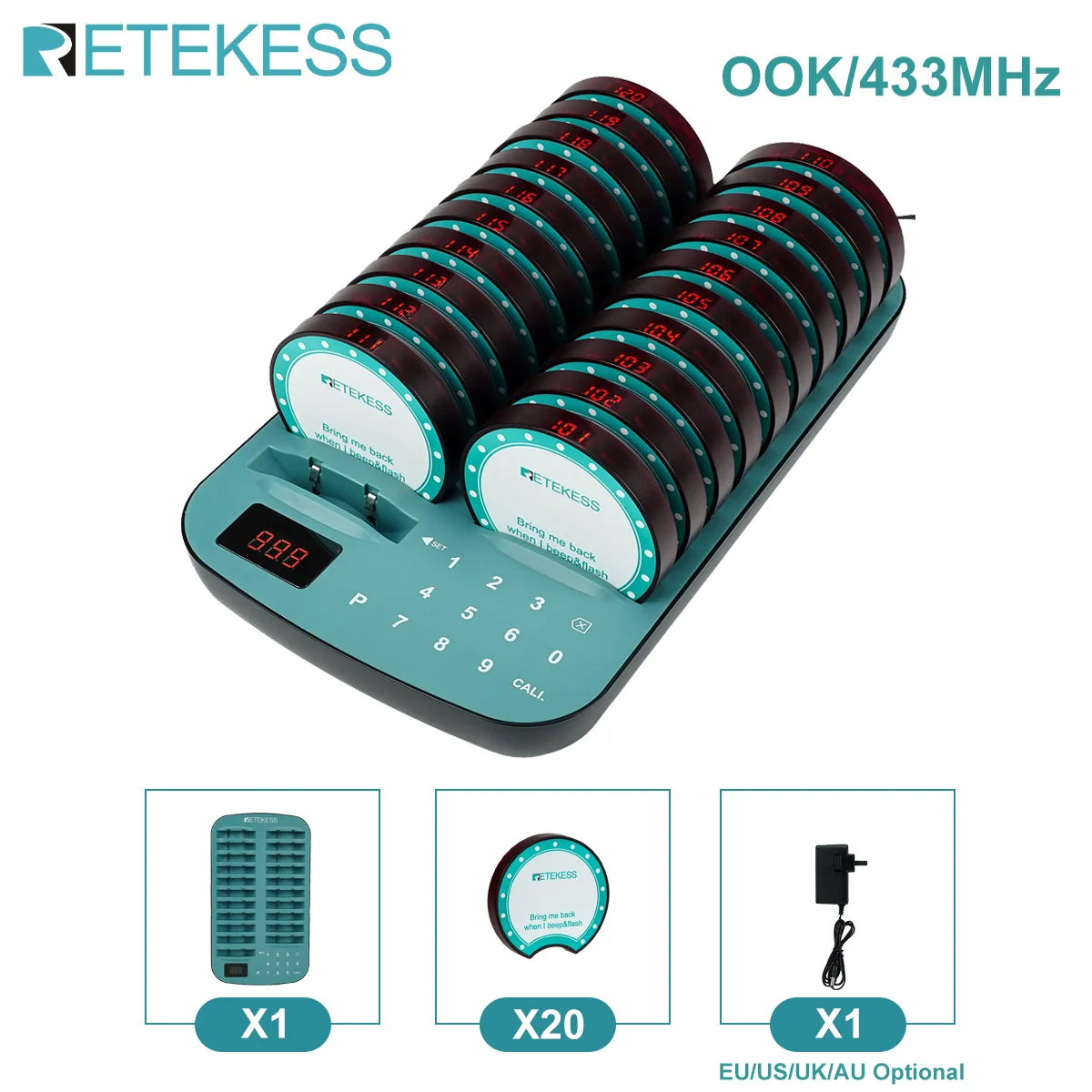 RETEKESS TD167A wireless restaurant calling pager system with coaster buzzers, used in food trucks, cafés, and hotels.