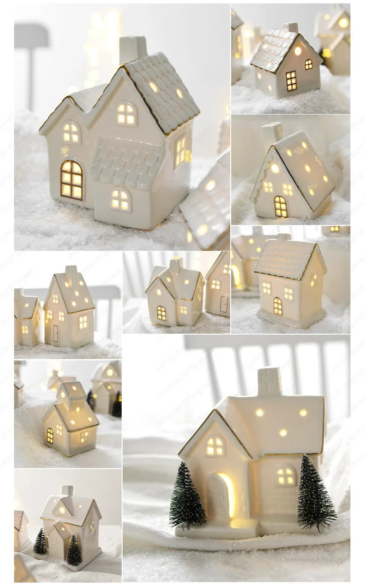LED Christmas luminous snow house ceramic ornament featuring a cozy winter scene, perfect for festive tabletop home decor.