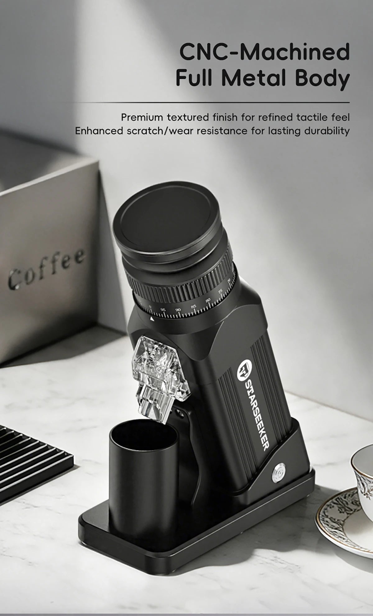 STARSEEKER E64 Electric Coffee Grinder | 64mm Titanium Flat Burr | Stepless | Black / Silver / White