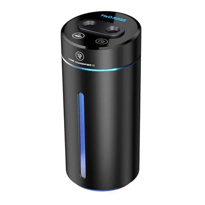 R.E.D. Shopping Zai Xiao 380ML double spray vehicle air humidifier with mood light, USB charging, and essential oil diffuser in a car setting.