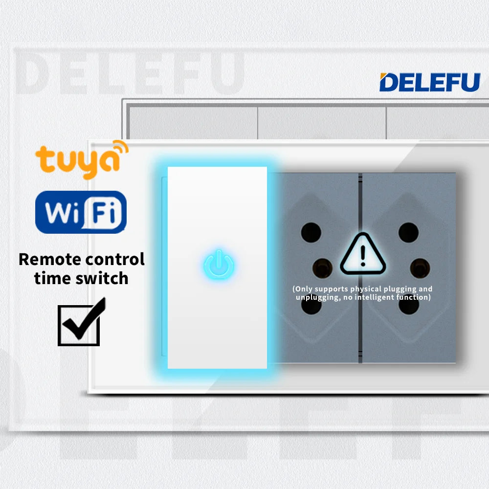DELEFU Tempered Glass Smart Wall Socket with USB-C | Tuya WiFi | 10A–20A