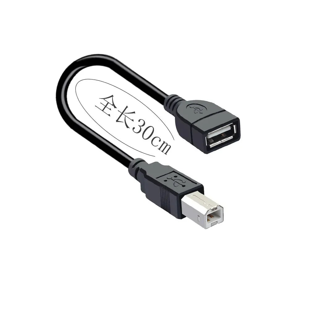 USB 2.0 Type-A female to USB-B male printer cable adapter showing the black connector ends for electronics accessories.