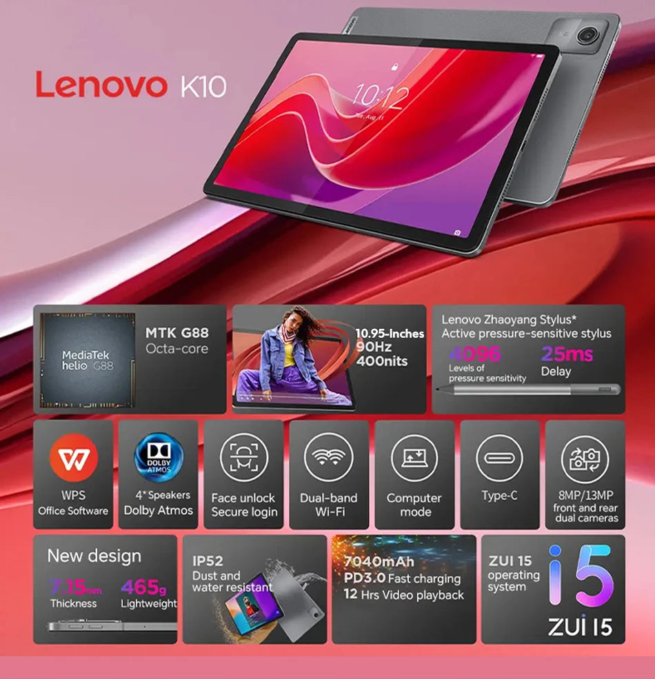 Lenovo Zhaoyang Tab K10 – 10.95" IPS 90Hz Tablet, 8GB RAM, 128GB, MTK Helio G88, IP52, 7040mAh, Global ROM