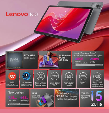 Lenovo Zhaoyang Tab K10 – 10.95" IPS 90Hz Tablet, 8GB RAM, 128GB, MTK Helio G88, IP52, 7040mAh, Global ROM