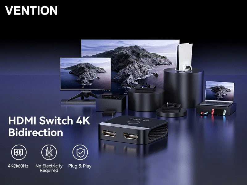 Vention HDMI 2.0 Splitter Switch | 2-in-1 Bi-Directional | 4K@60Hz | 18Gbps | PS5 Xbox Laptop
