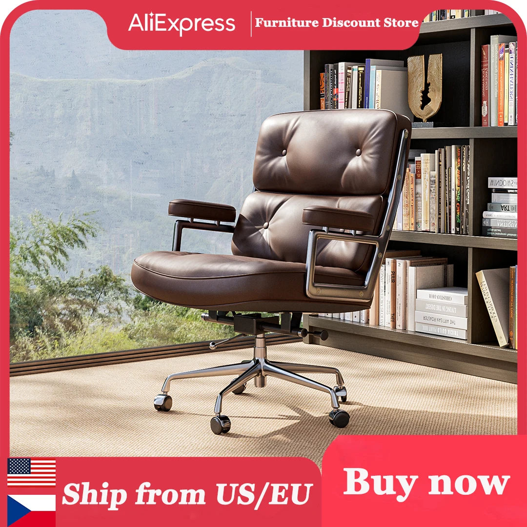 Ergonomic Executive Office Chair – Genuine Leather, Aluminum Arms, Swivel & Wheels