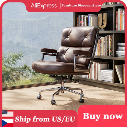 Ergonomic Executive Office Chair – Genuine Leather, Aluminum Arms, Swivel & Wheels