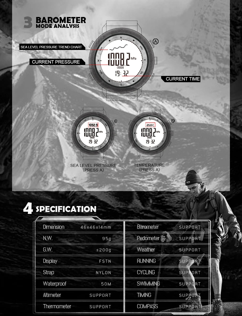 NORTH EDGE Military Smart Watch – Altimeter, Barometer, Thermometer, Compass, 50m Waterproof