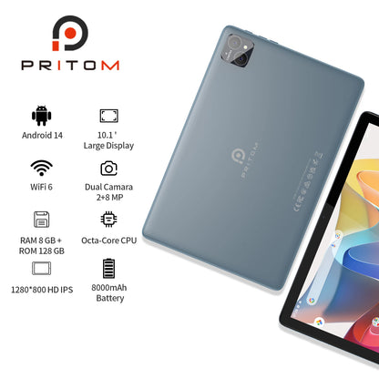 PRITOM TAB11 Tablet 10.1" – Android 15, 8GB+128GB, Octa Core, 5G WiFi, Keyboard+Mouse+Case