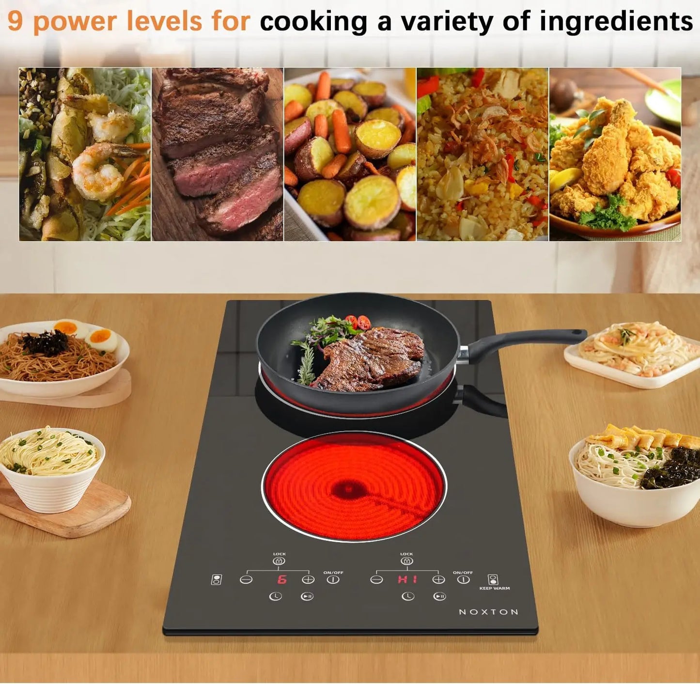 NOXTON 2-Zone Ceramic Hob – Plug-In, 99-Min Timer, Safety Lock, Countertop & Built-In, US 110V / EU-UK 220V