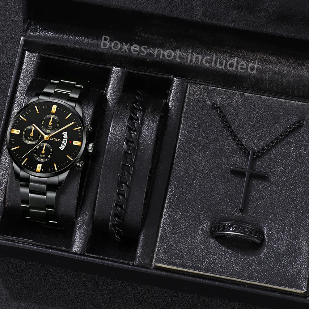 Men's luxury stainless steel quartz watch with calendar feature, stylish business wristwatch from R.E.D. Shopping.
