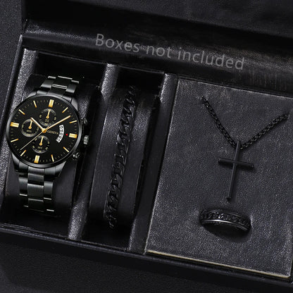 Men's luxury stainless steel quartz watch with calendar feature, stylish business wristwatch from R.E.D. Shopping.
