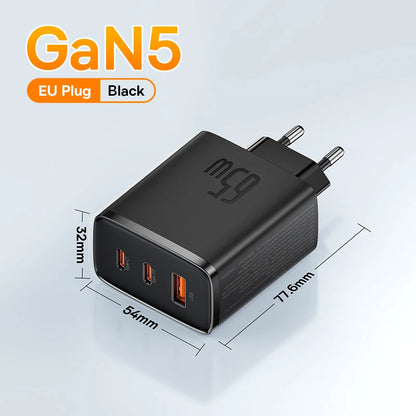 Baseus 65W GaN USB-C Charger | QC + PD Fast Charging for iPhone 17/16/15, Xiaomi & Laptops
