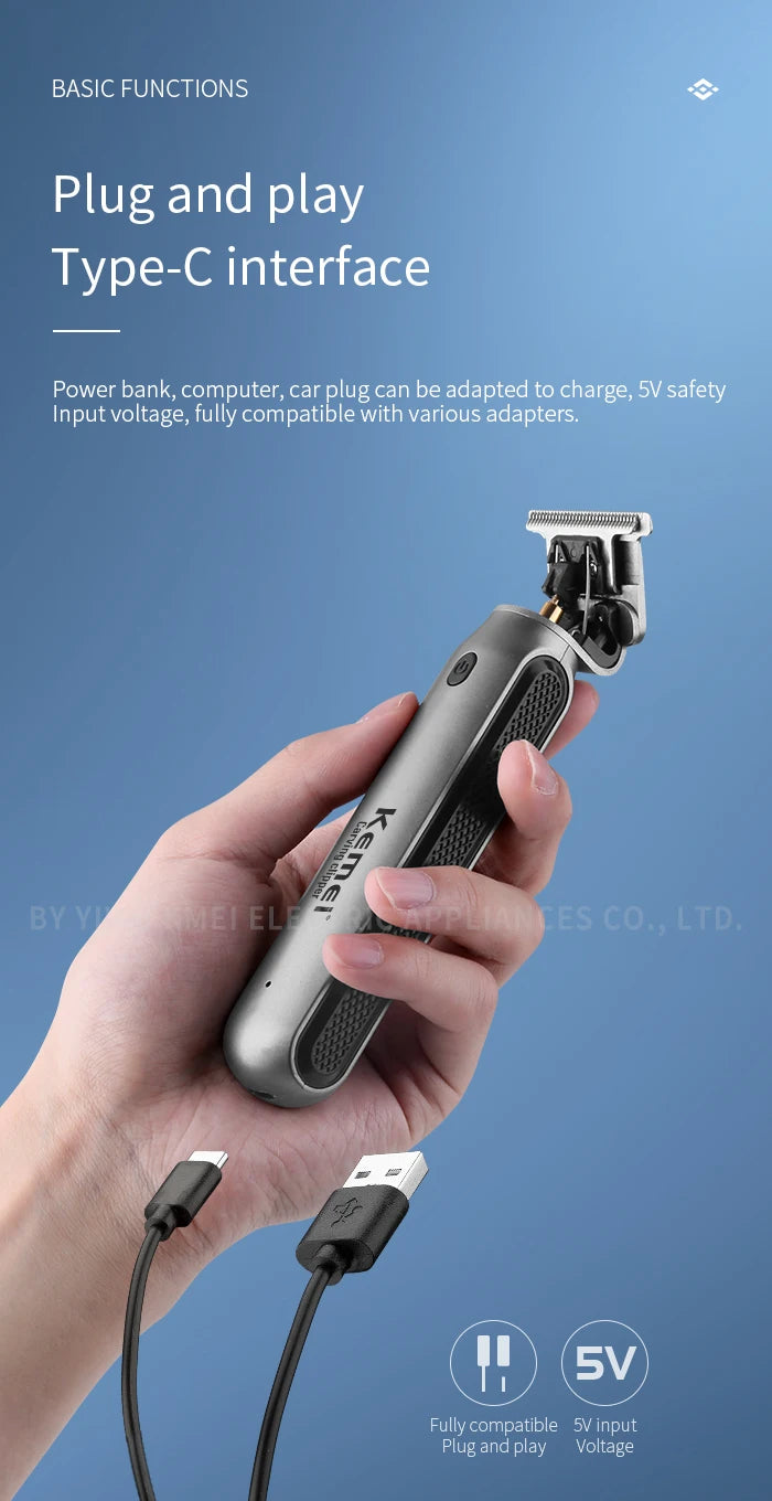 Kemei professional cordless hair trimmer with titanium blades, black and silver personal grooming clipper for hair cutting.