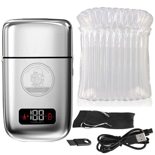 Kemei Km-Tx3 electric gold metal shaver with USB charging, anti-pinch feature, designed for personal hair styling and grooming.