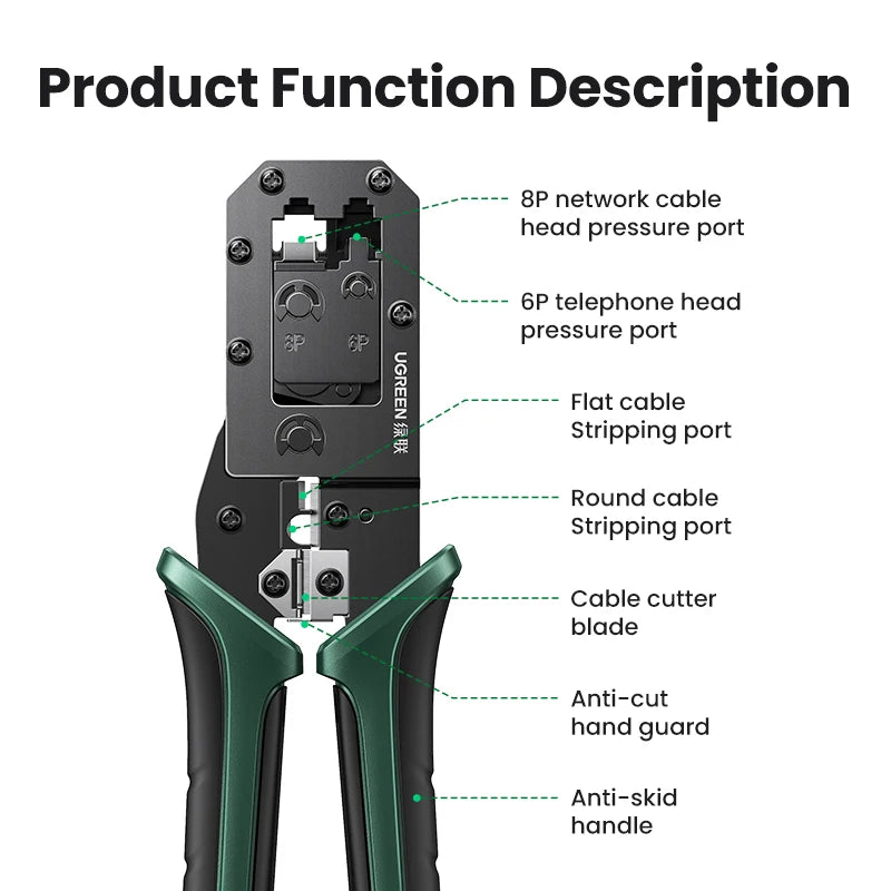 UGREEN RJ45 Crimper Tool NW136 | CAT6/7 Ethernet Cable Crimping Pliers | Cutter & Stripper | 8P/6P