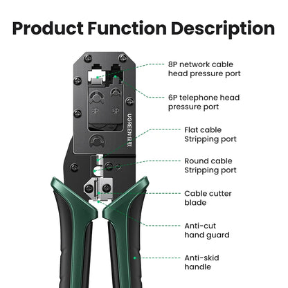 UGREEN RJ45 Crimper Tool NW136 | CAT6/7 Ethernet Cable Crimping Pliers | Cutter & Stripper | 8P/6P