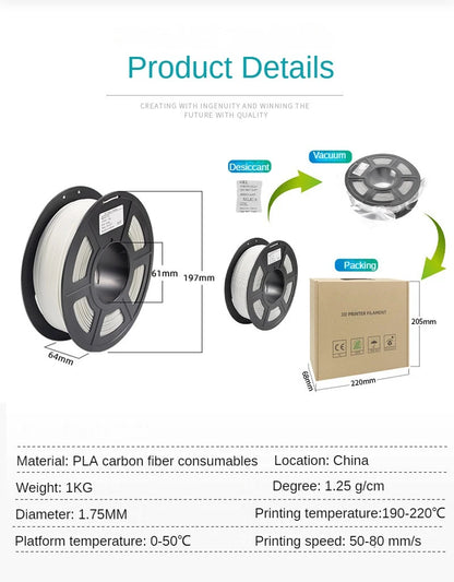Carbon Fiber PLA Filament 1.75mm – High-Accuracy +/-0.02mm, 1KG / 250G Spool
