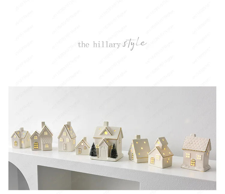 Christmas luminous snow house ceramic ornament with LED lighting, tabletop holiday decor by R.E.D. Shopping.