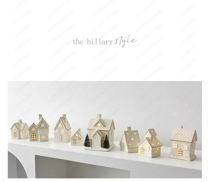 Christmas luminous snow house ceramic ornament with LED lighting, tabletop holiday decor by R.E.D. Shopping.