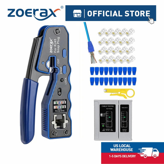 ZoeRax RJ45 Crimp Tool Kit | CAT5e CAT6 Pass-Through Ethernet Crimper | 8P8C Modular Connectors