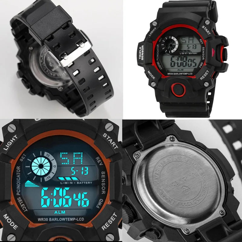 Men's sports electronic wristwatch with large dial, waterproof design, luminous display, and alarm from R.E.D. Shopping.